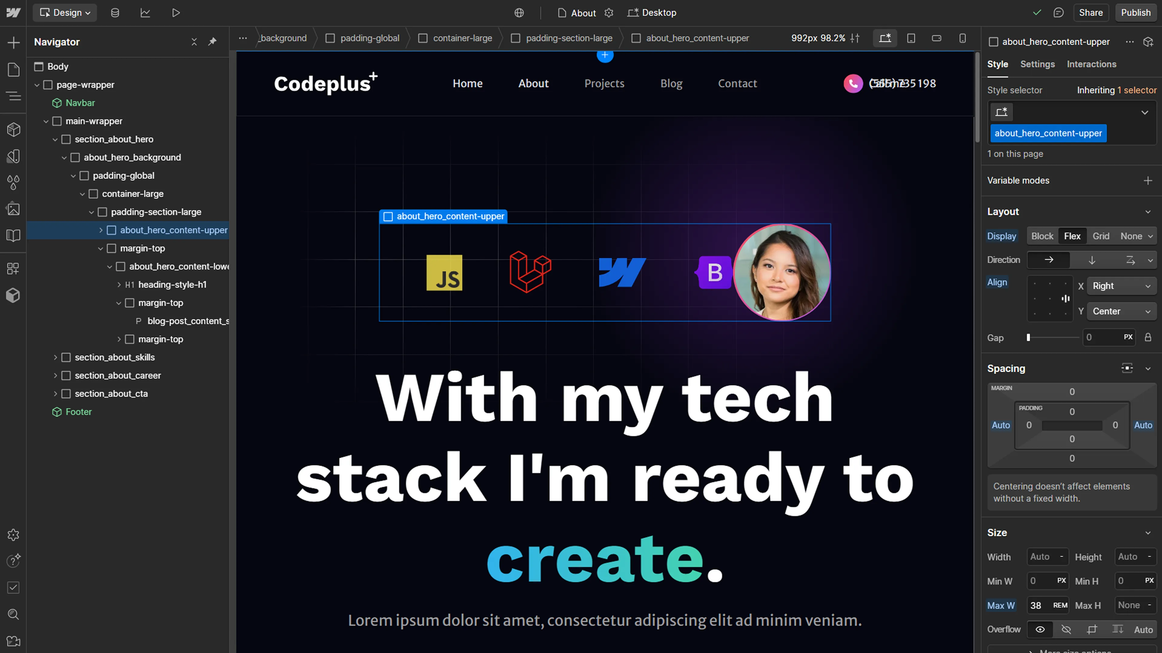 A screen shot of the Codeplus website in development in Webflow
