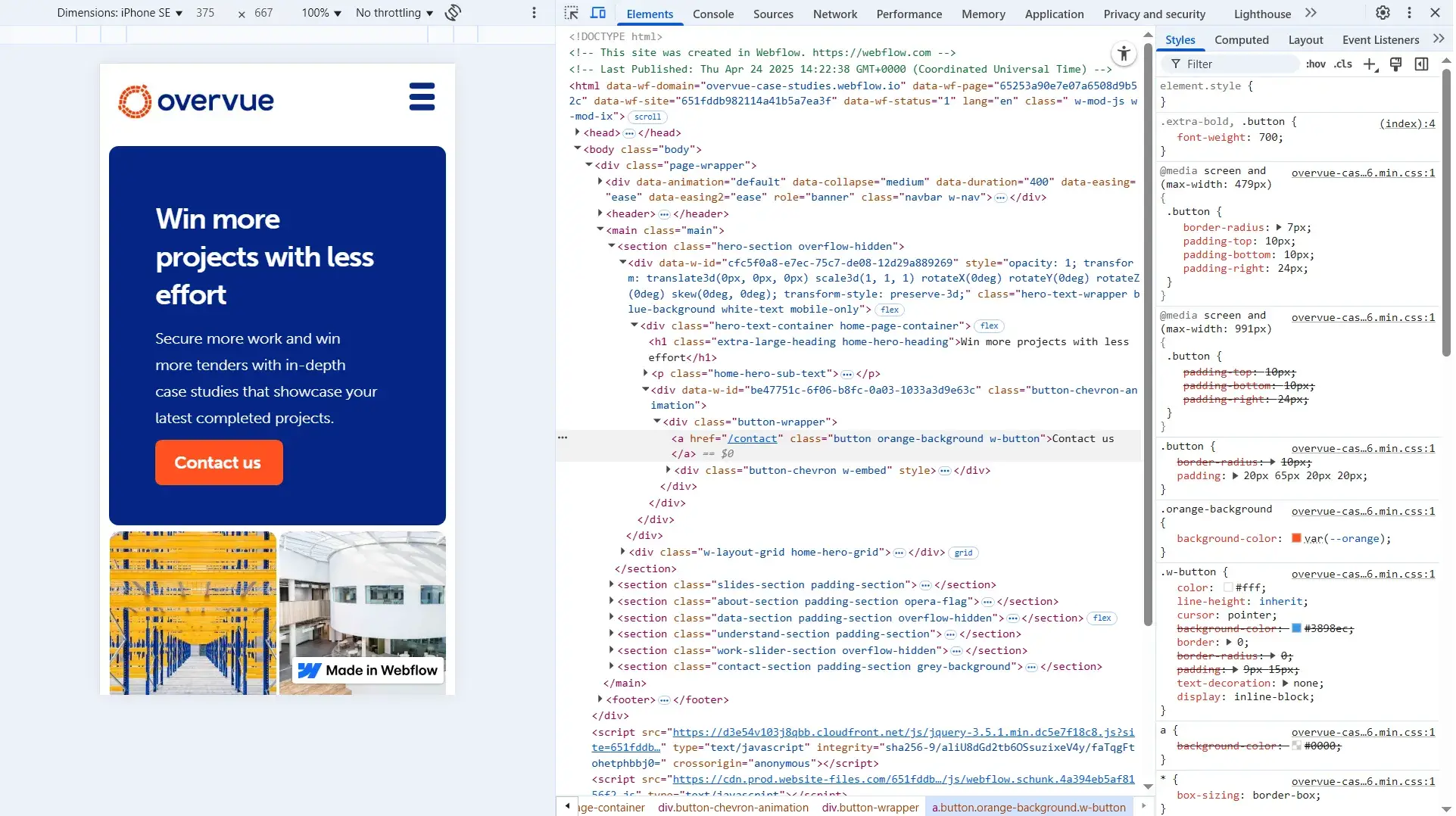 The Overvue website seen in Chrome Devtools