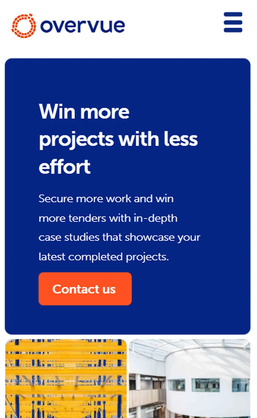 Mobile view screenshot of the Overvue website