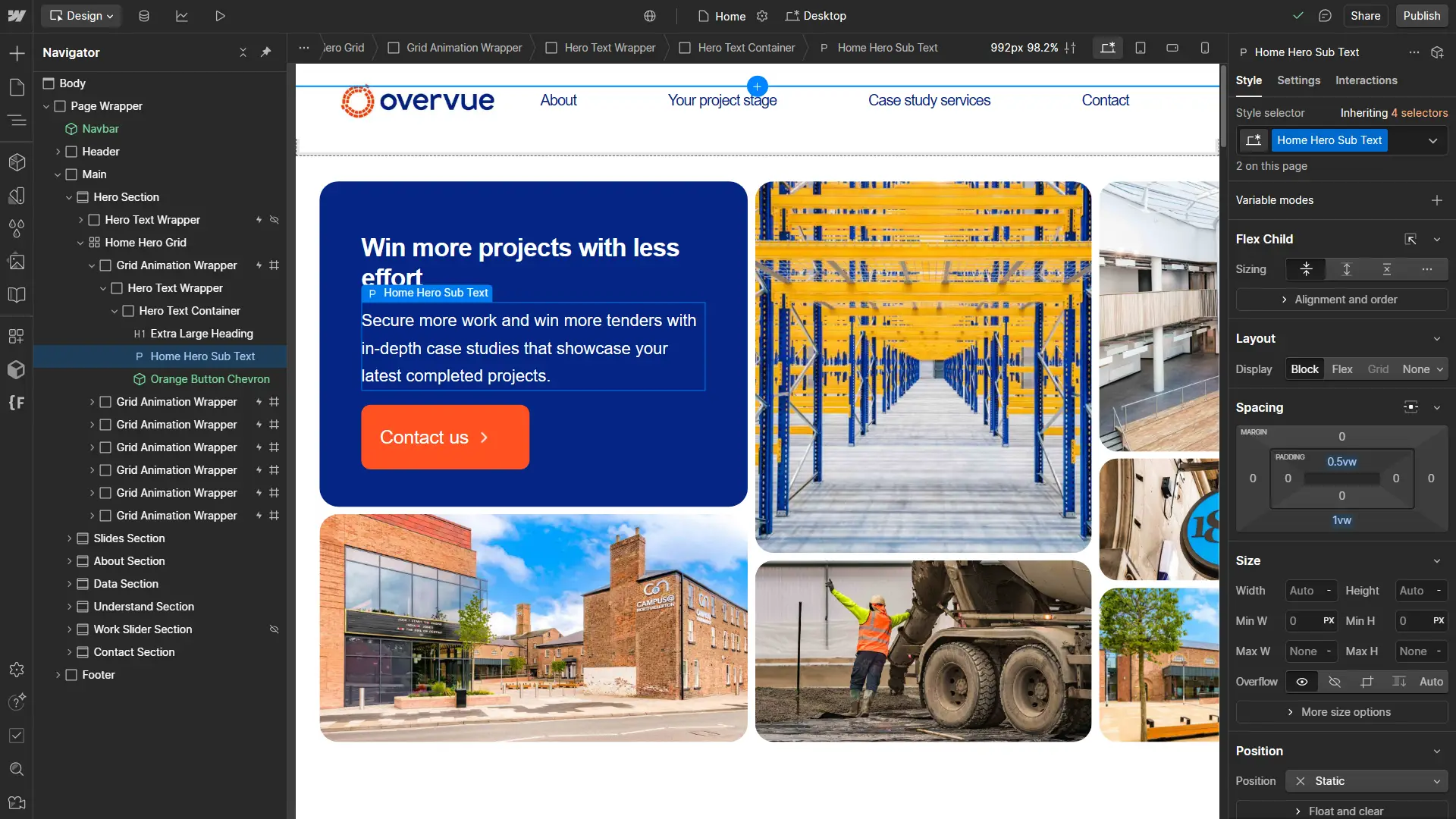 A screen shot of the Overvue website in development in Webflow