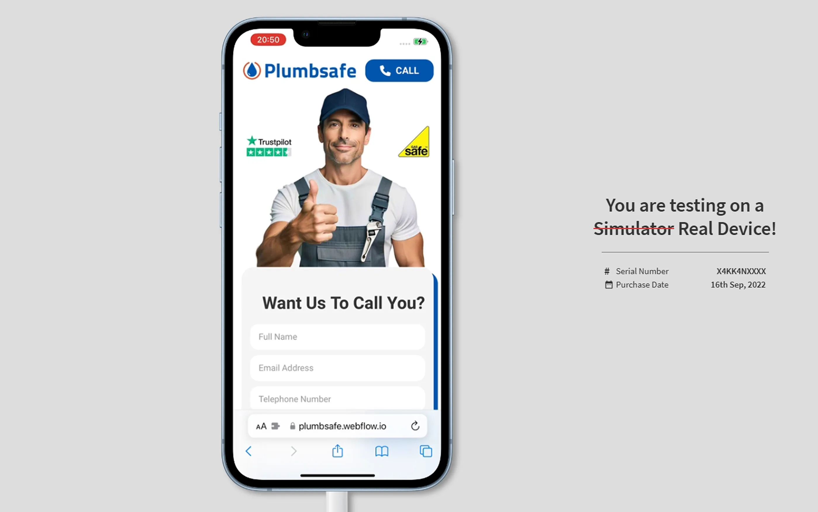 The Plumbsafe website as seen in Browserstack