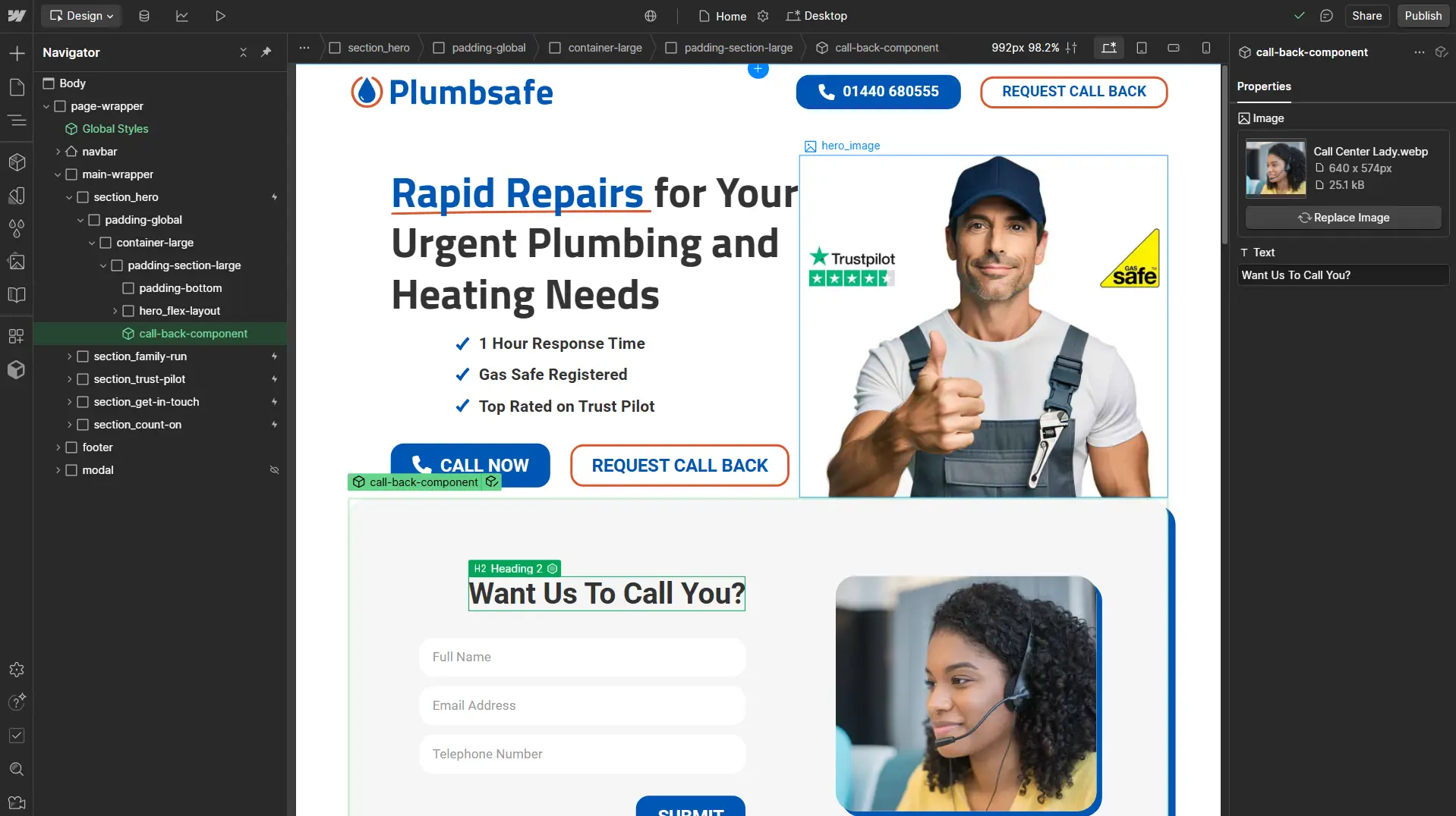 A screen shot of the Plumbsafe website in development in Webflow