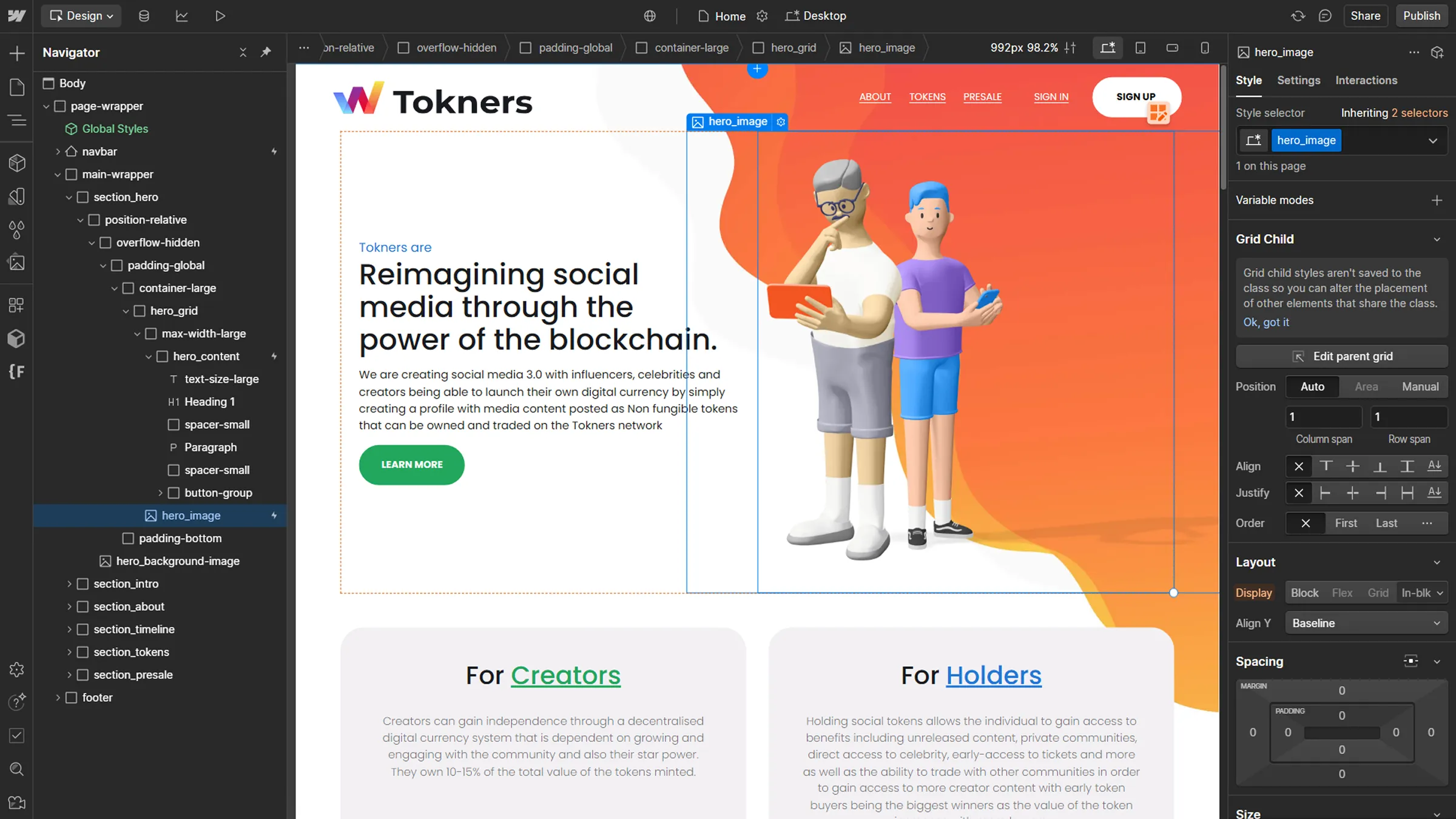 A screen shot of the Tokners Chain website in development in Webflow