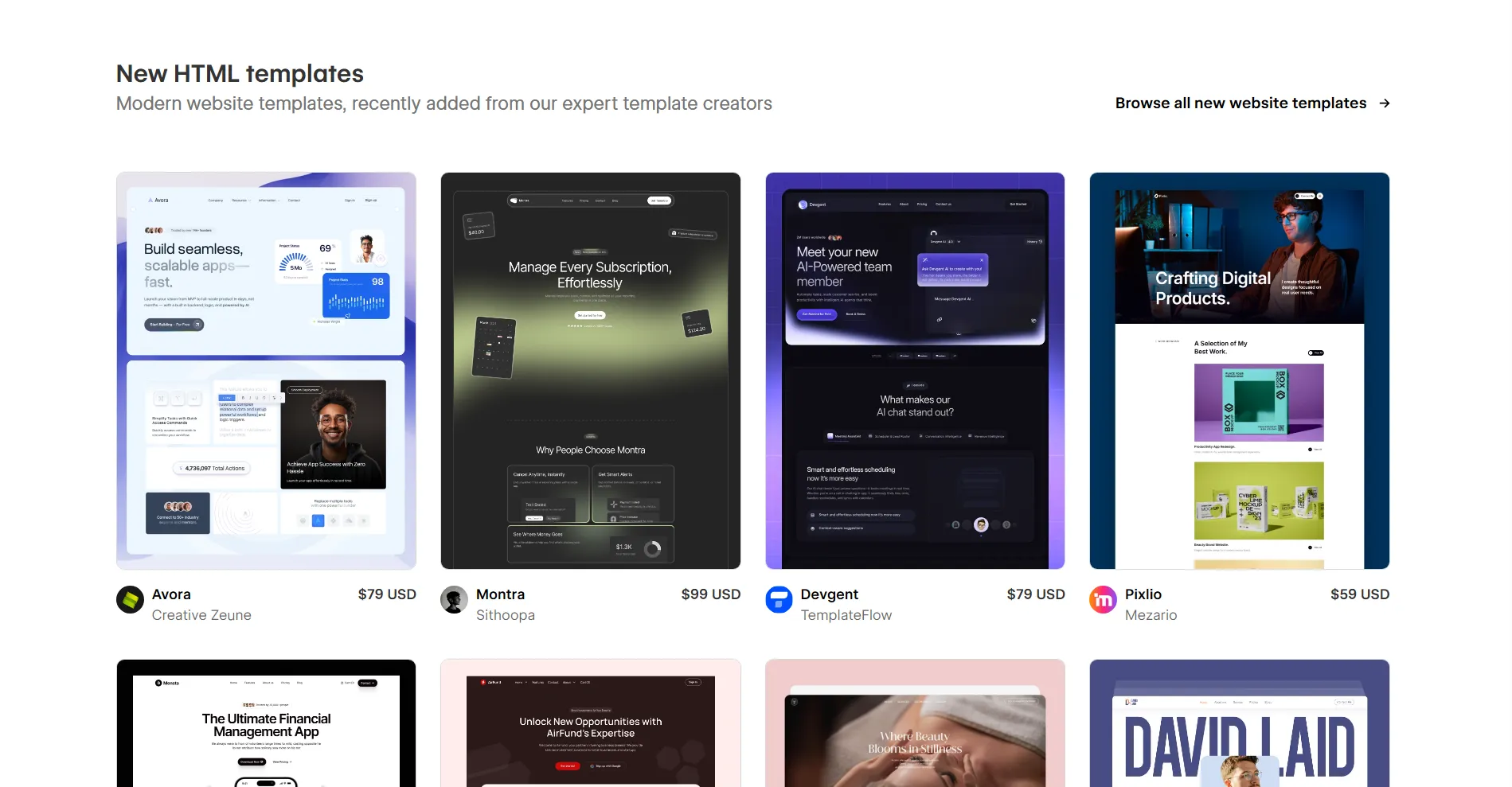 Webflow tempates as seen in the Template Store