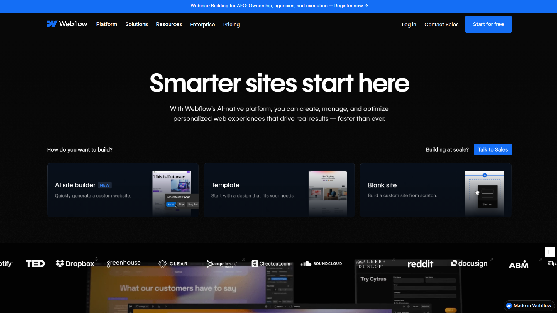 Screenshot of Webflow's homepage.